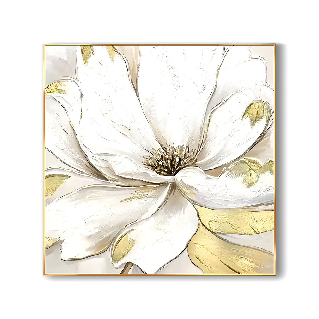 A square abstract painting featuring a large white flower with shades of gold