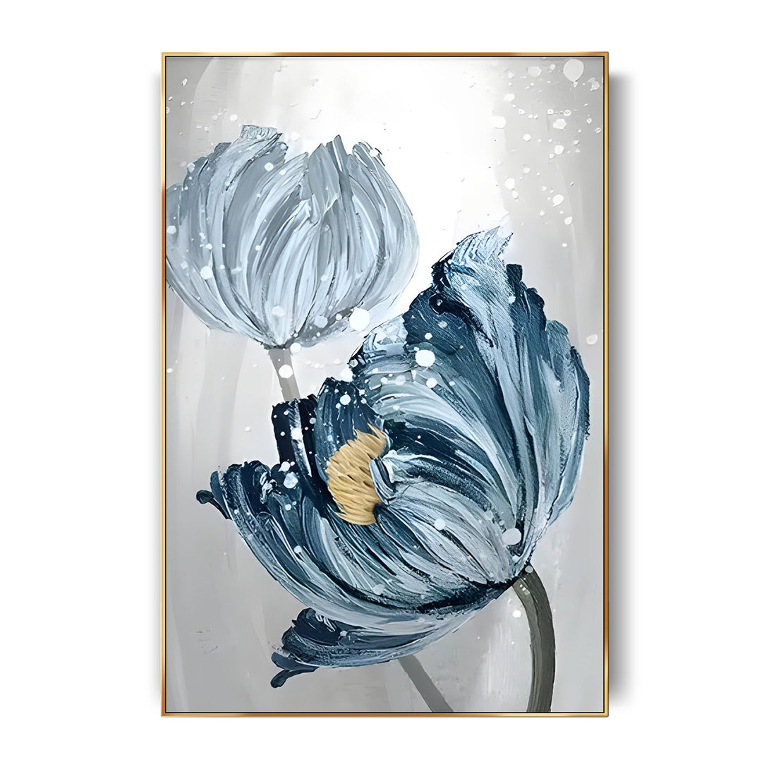 A large vertical painting of 2 blue flowers in a white or grey background. 