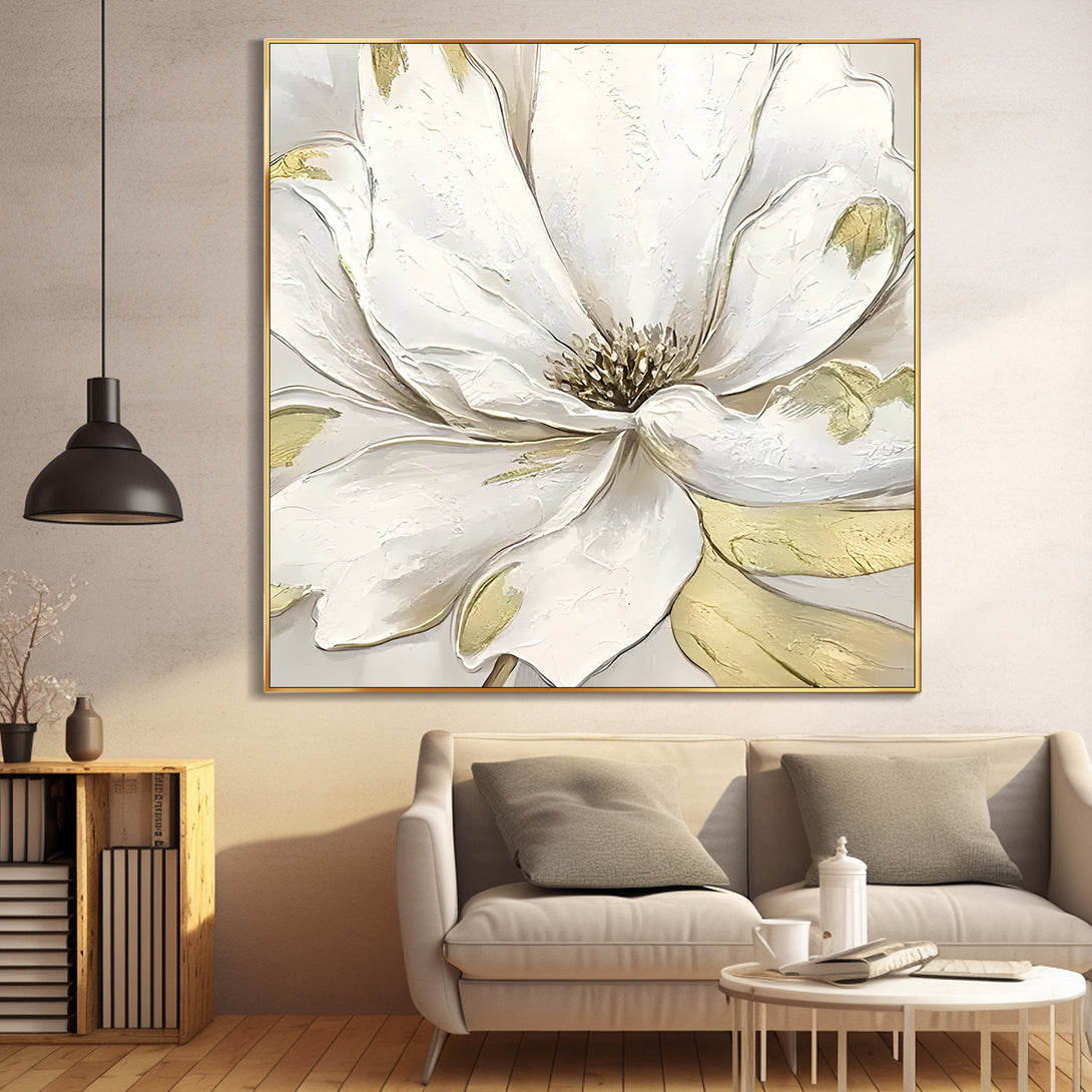 A square abstract painting featuring a large white flower with shades of gold