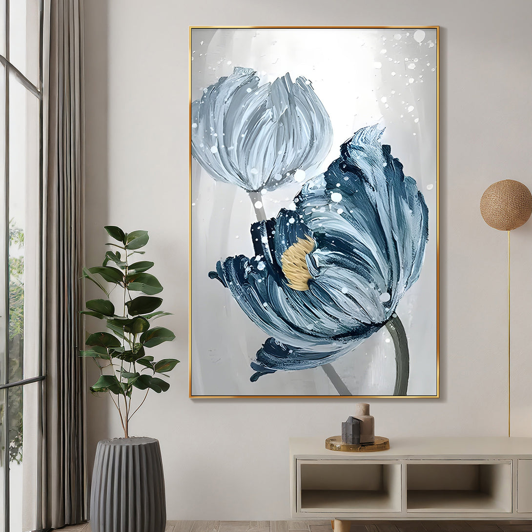 A large vertical painting of 2 blue flowers in a white or grey background. 