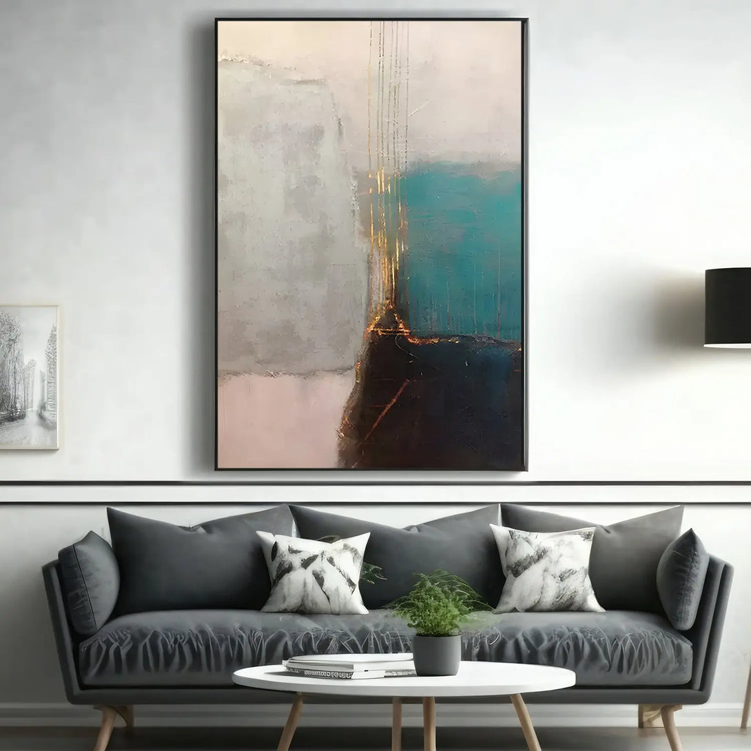 a large abstract painting with white, black, blue and grey shades. 