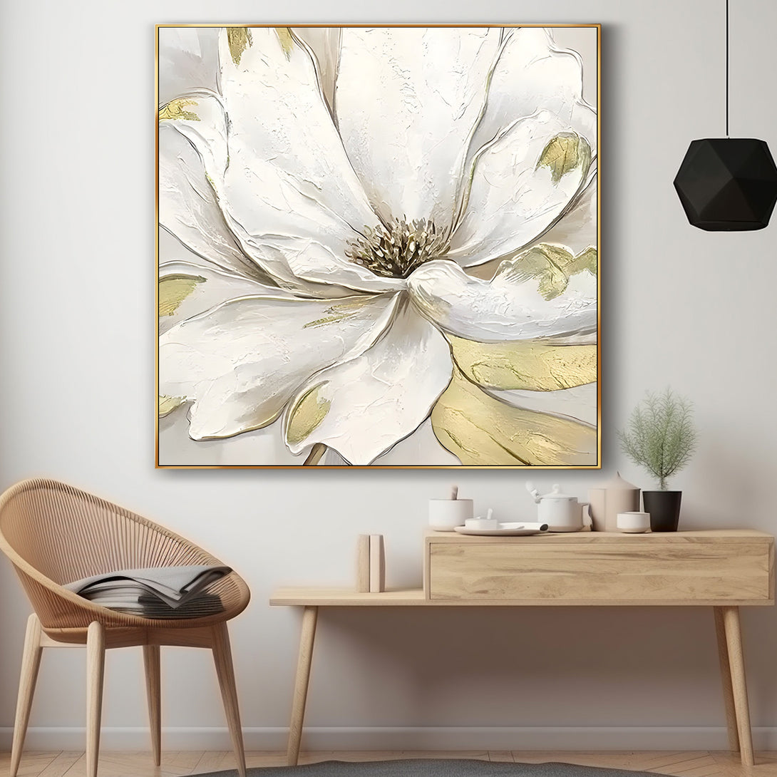 A square abstract painting featuring a large white flower with shades of gold