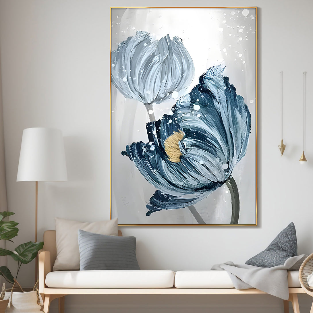 A large vertical painting of 2 blue flowers in a white or grey background. 