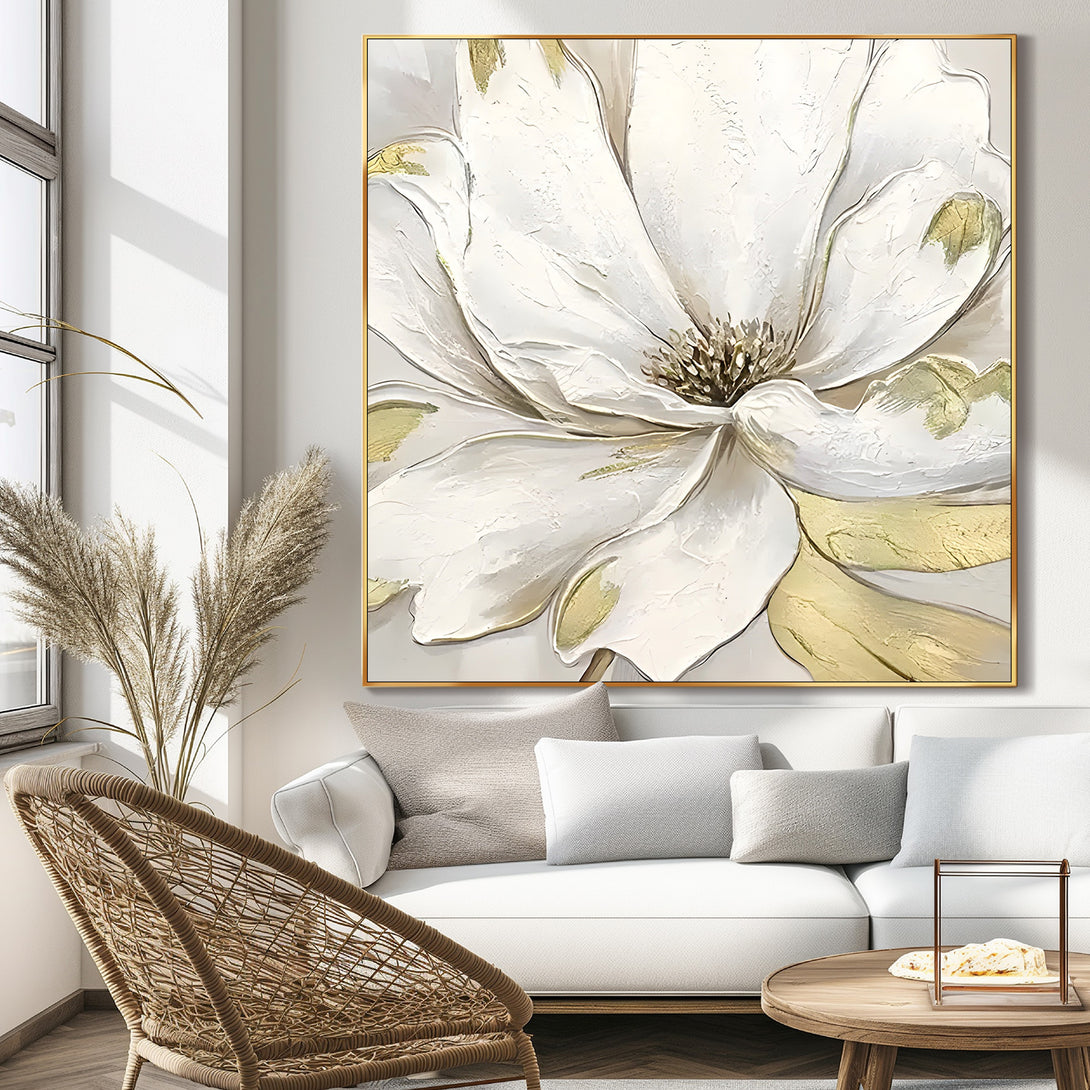 A square abstract painting featuring a large white flower with shades of gold