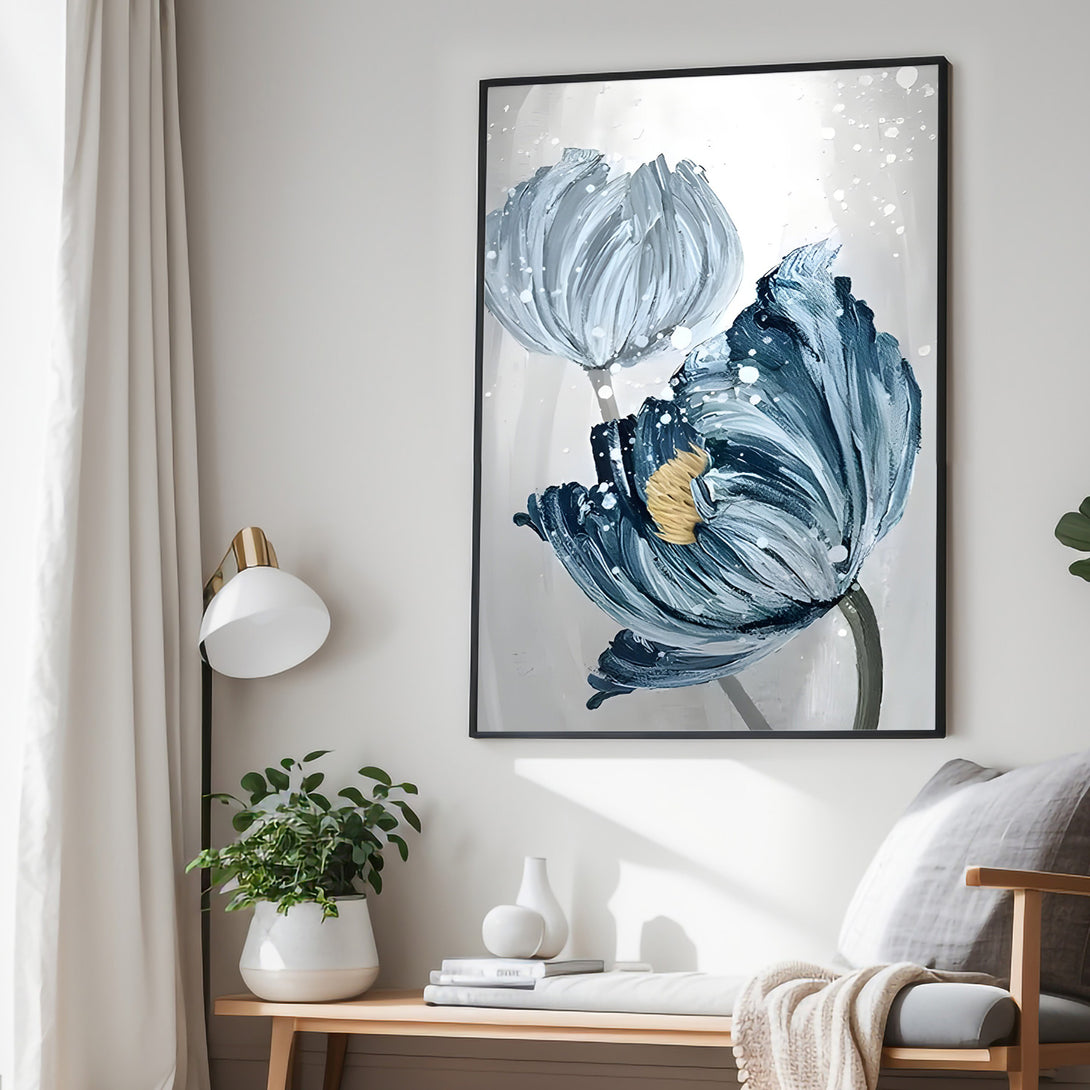 A large vertical painting of 2 blue flowers in a white or grey background. 