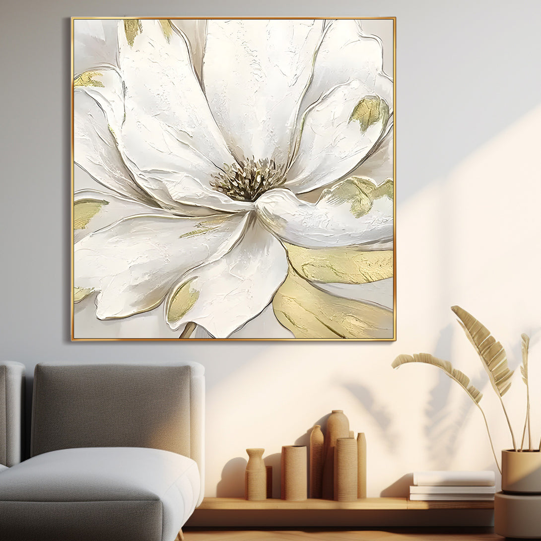 A square abstract painting featuring a large white flower with shades of gold