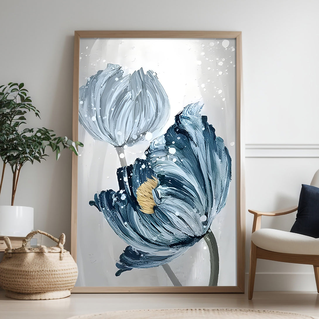 A large vertical painting of 2 blue flowers in a white or grey background. 