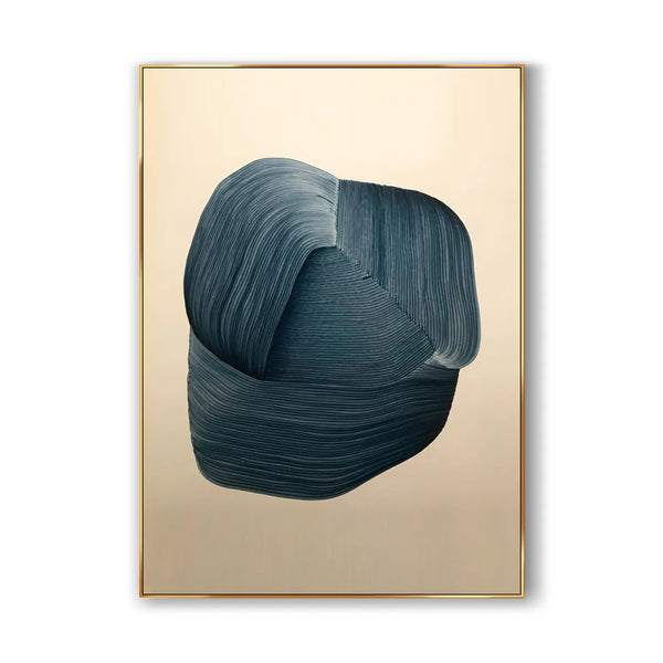 A large contemporary abstract minimalist painting with rich blue textures against the beige backdrop. 