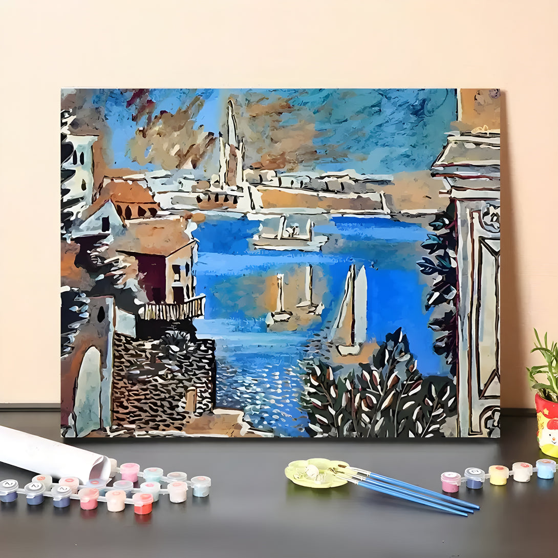 A horizontal painting featuring brown villas in the seaside, and boats on the blue water. 
