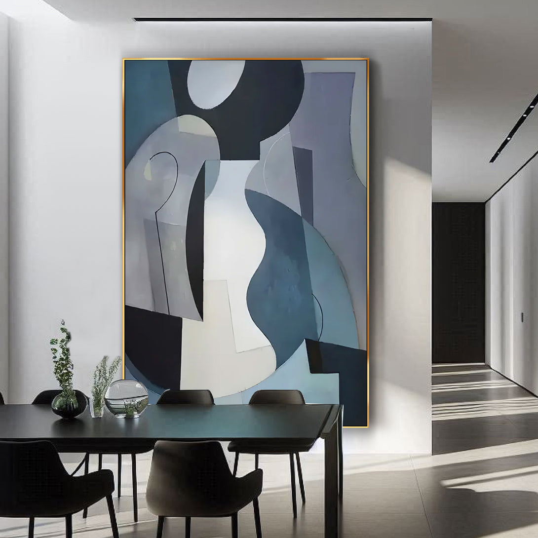 A large abstract Wabi-Sabi painting in minimalist design, with black, white, blue, grey and other shades. 