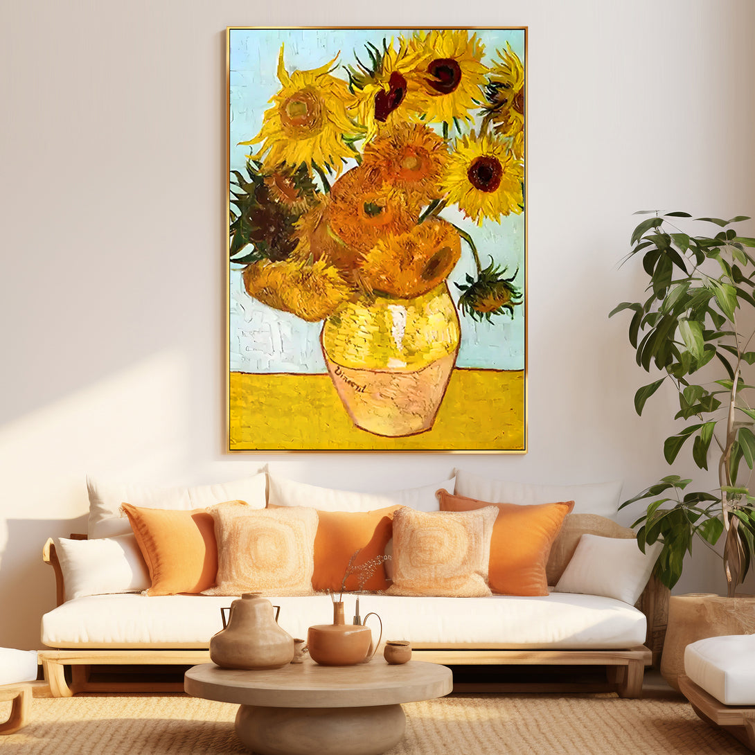 A large vertical painting with a jar of sunflowers against a backdrop of blue. 