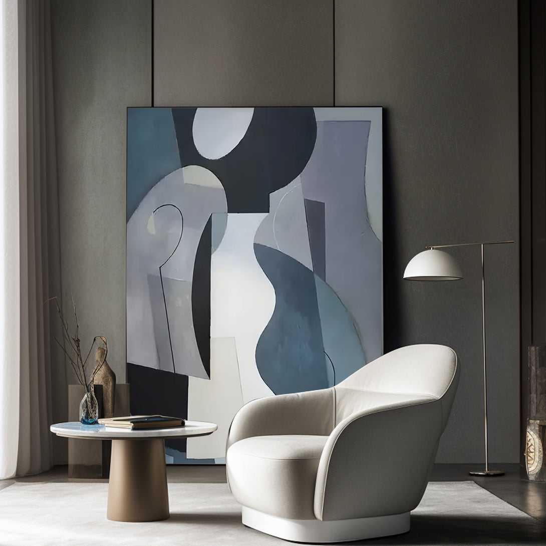 A large abstract Wabi-Sabi painting in minimalist design, with black, white, blue, grey and other shades. 