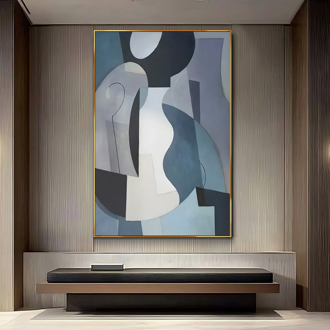 A large abstract Wabi-Sabi painting in minimalist design, with black, white, blue, grey and other shades. 