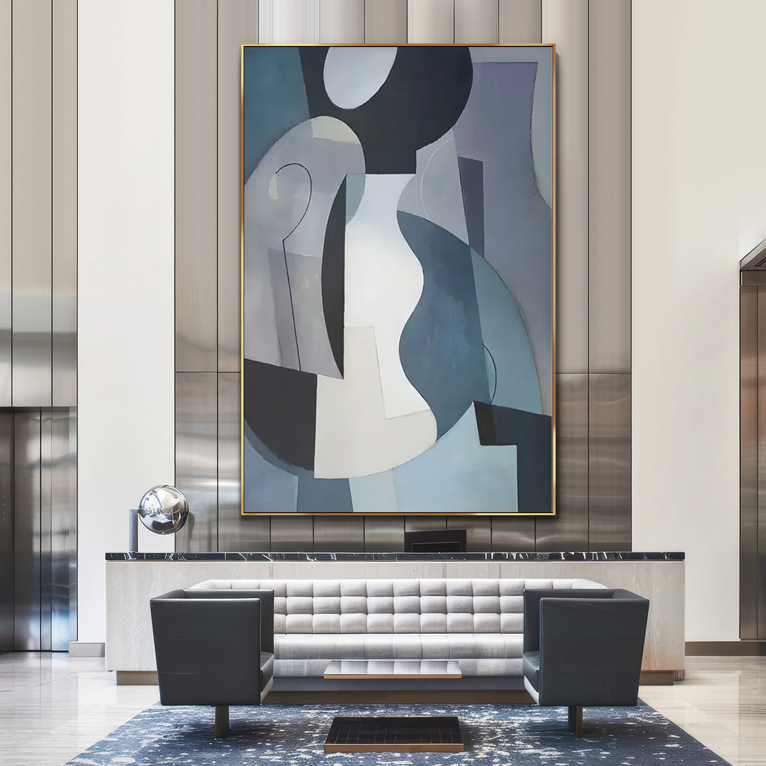 A large abstract Wabi-Sabi painting in minimalist design, with black, white, blue, grey and other shades. 