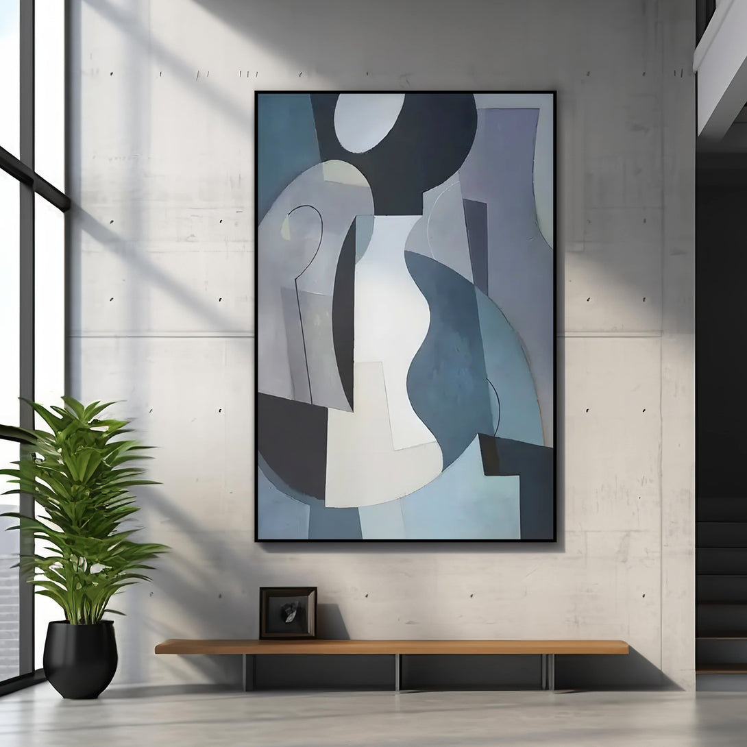 A large abstract Wabi-Sabi painting in minimalist design, with black, white, blue, grey and other shades. 