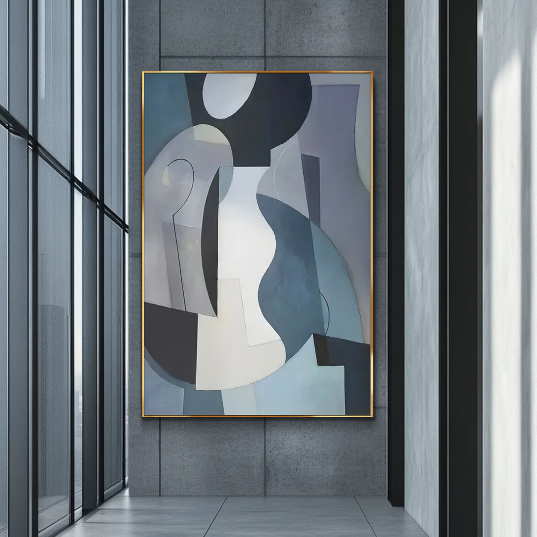 A large abstract Wabi-Sabi painting in minimalist design, with black, white, blue, grey and other shades. 