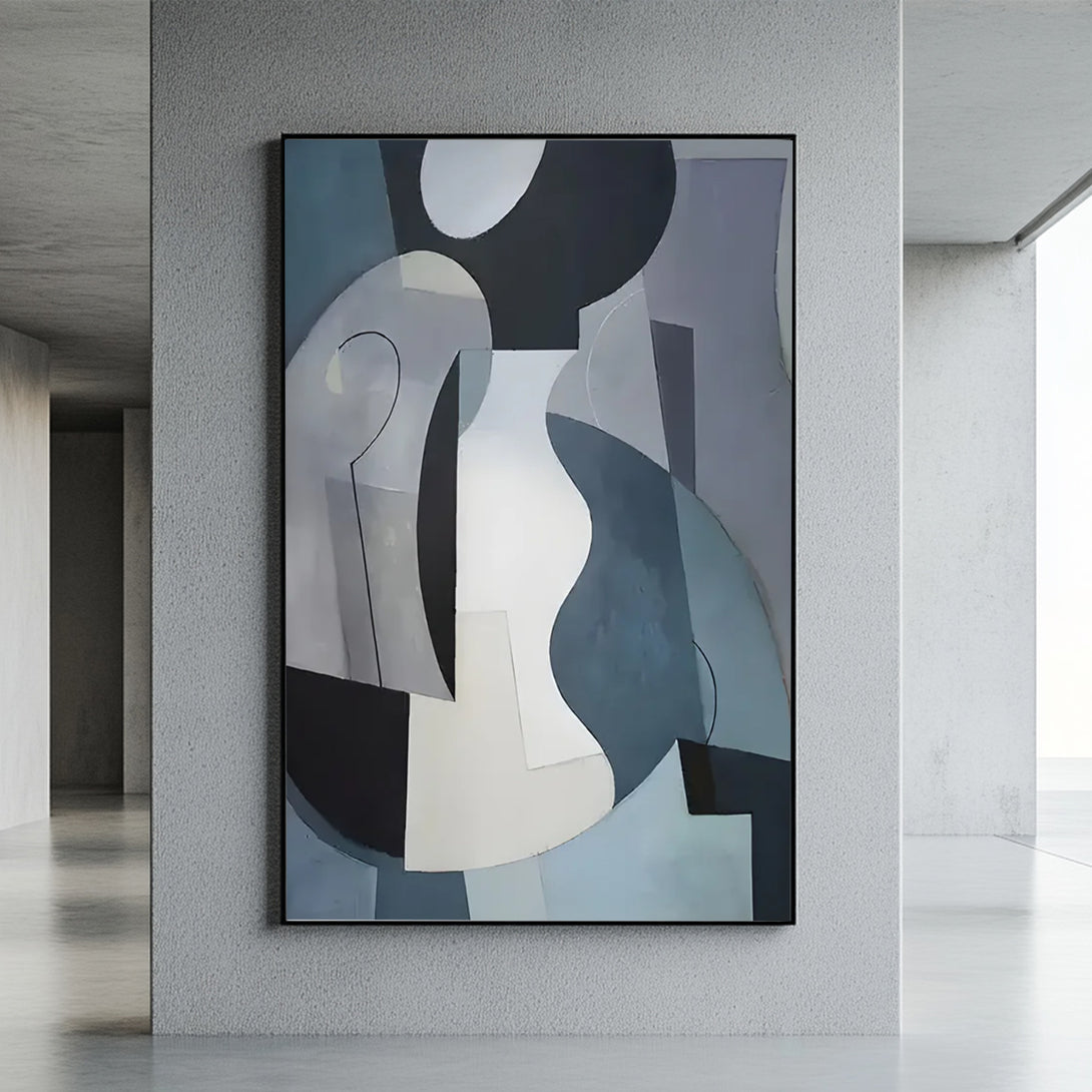 A large abstract Wabi-Sabi painting in minimalist design, with black, white, blue, grey and other shades. 