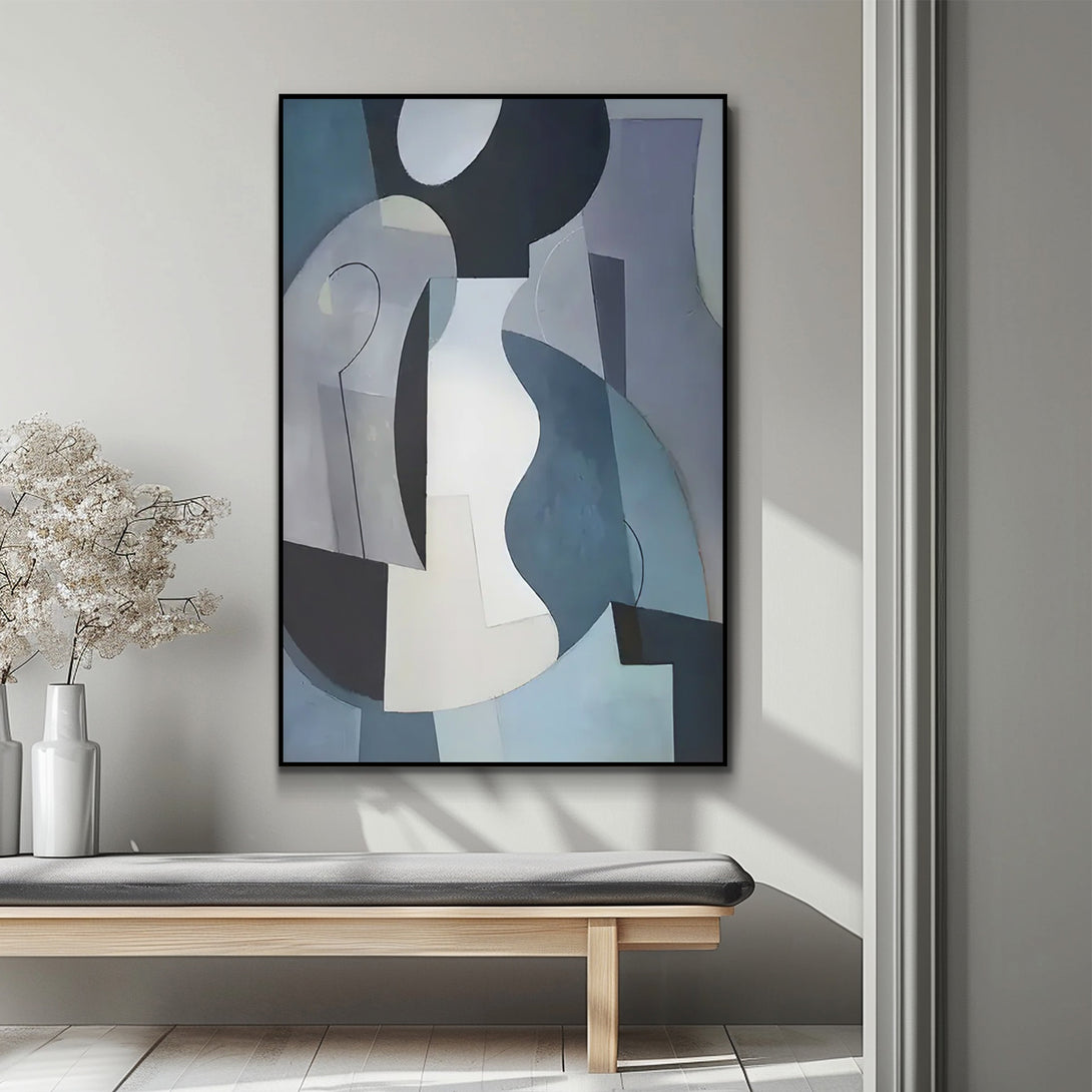 A large abstract Wabi-Sabi painting in minimalist design, with black, white, blue, grey and other shades. 