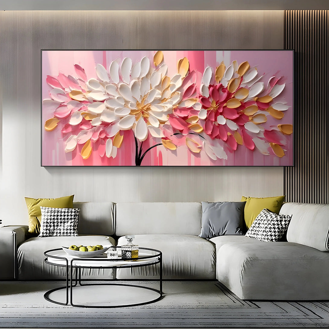 A large horizontal painting of red, pink and yellow flowers blooming