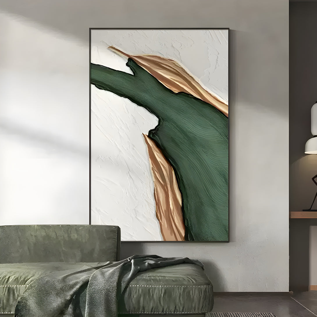 A large abstract painting with white, green and gold shades. 