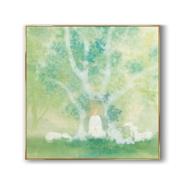 A large Chinese painting featuring the Buddha dressed in white robe meditating under the Bodhi tree, against a green backdrop, accompanied by two sheep. 