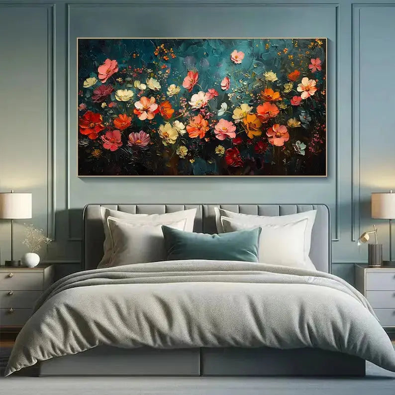 A large horizontal painting featuring flowers in pink, orange, yellow, and blue against a blue backdrop. 

