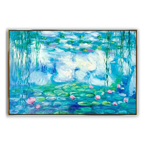 A large horizontal painting of pink lotus flowers and green lotus leaves in the water with willows above, and white water flowing. 
