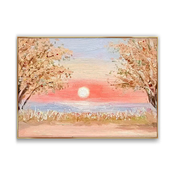 A large horizontal textured painting of the riverside lined with yellow trees and the sunset illuminating the sky red on the horizon. 