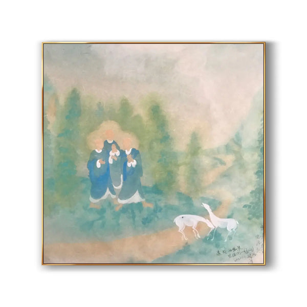 A large square painting of 3 Buddishts standing in the lush greenery, accompanied by two white graceful sheep. 