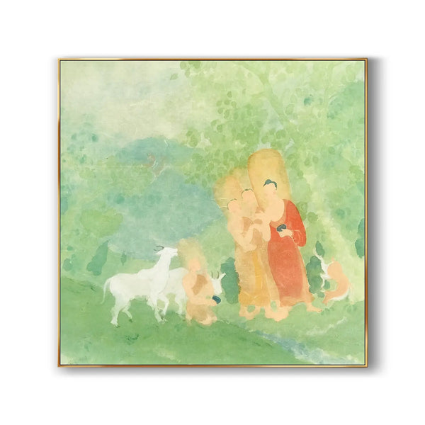 A large square painting of Buddha dressed in red and his followers dressed in yellow, with goats nearby in Lumbini, against lush greenery. 
