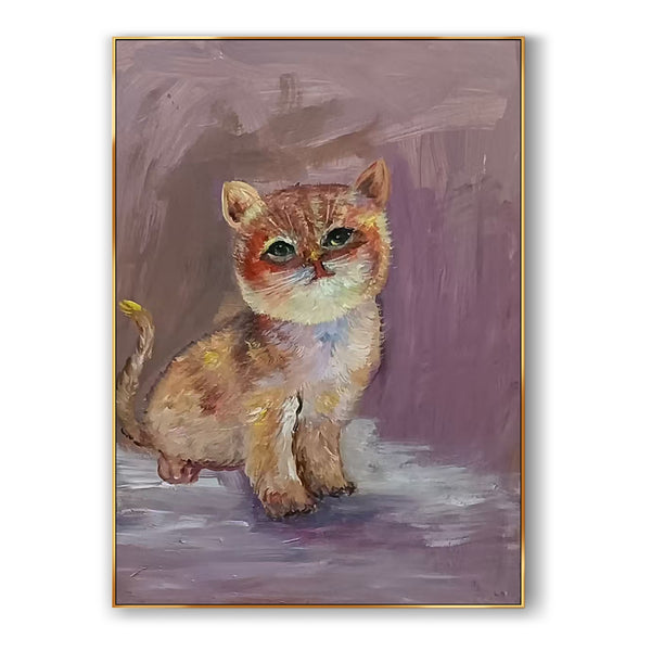 A large vertical painting of an orange cat against a pink background 