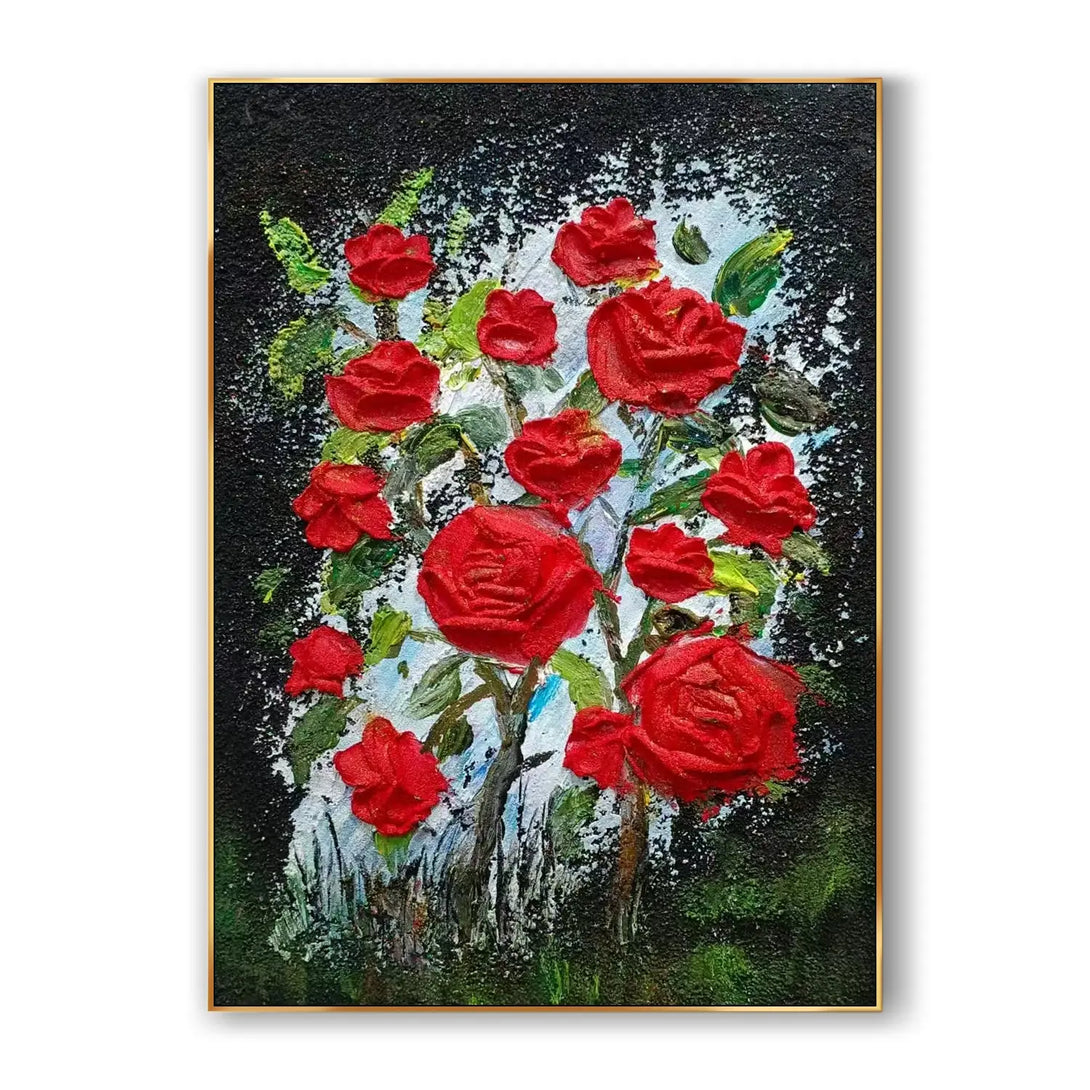 A large vertical painting of dozens of red roses against a black and white background, added with a tinge of green. 
