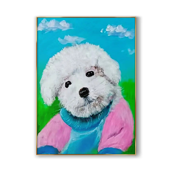 A large vertical portrait painting of a white dog dressed in pink and blue, against a backdrop of blue sky, white clouds and green grass. 
