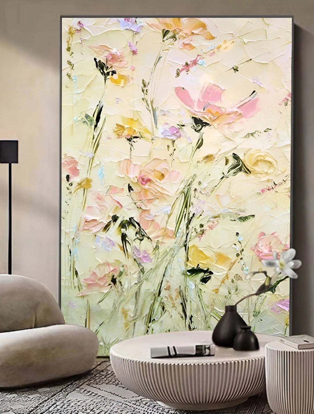 A large vertical textured painting of pink and yellow abstract flowers with green stems and leaves against a yellow backdrop. 
