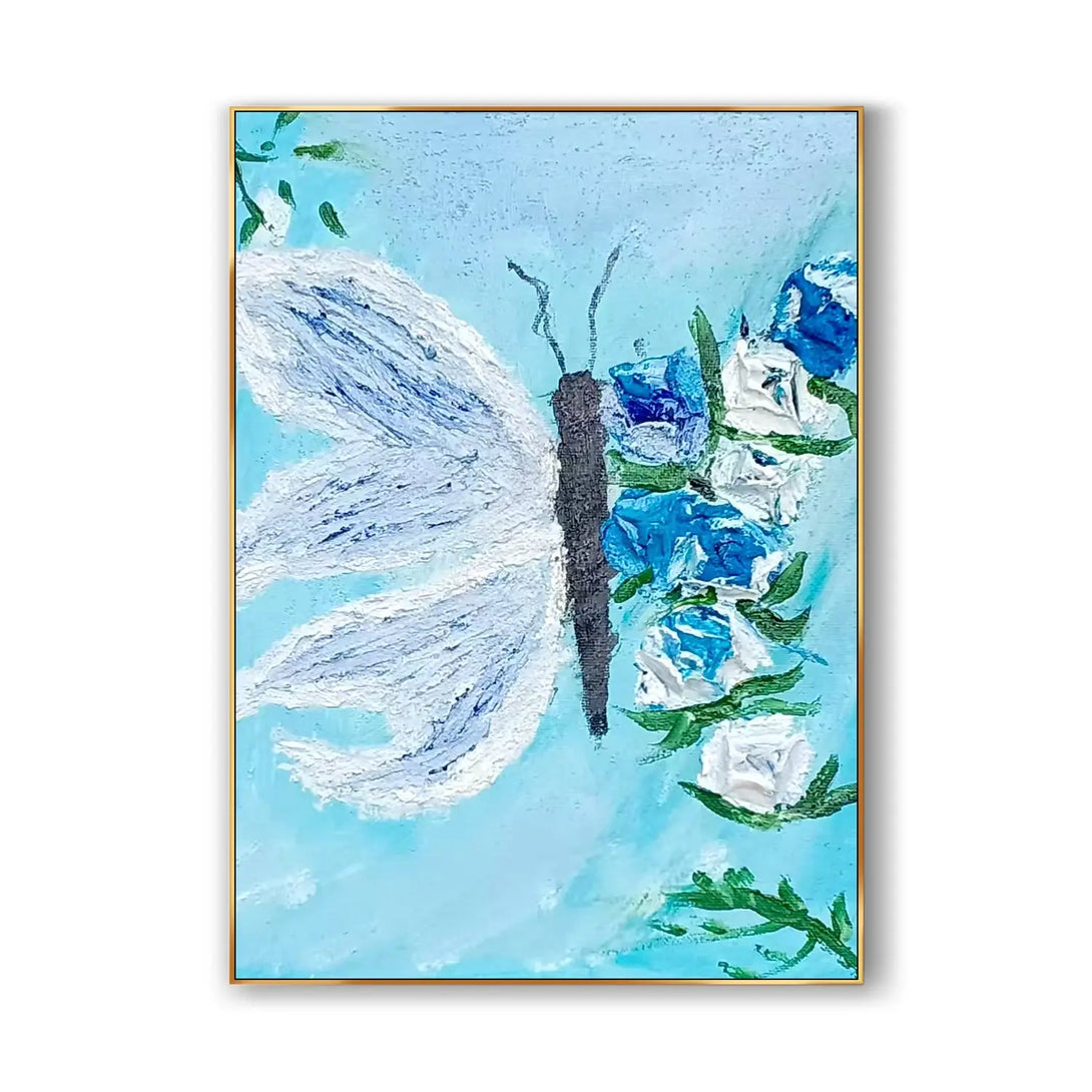 A large vertical textured wall art featuring a white butterfly landing on blue and white blossoms with the water running by below. 

