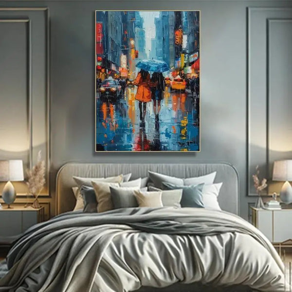 A vertical textured abstract painting of people walking through a city street in blue and orange tones, with reflections and glowing light suggesting a rainy urban evening. 