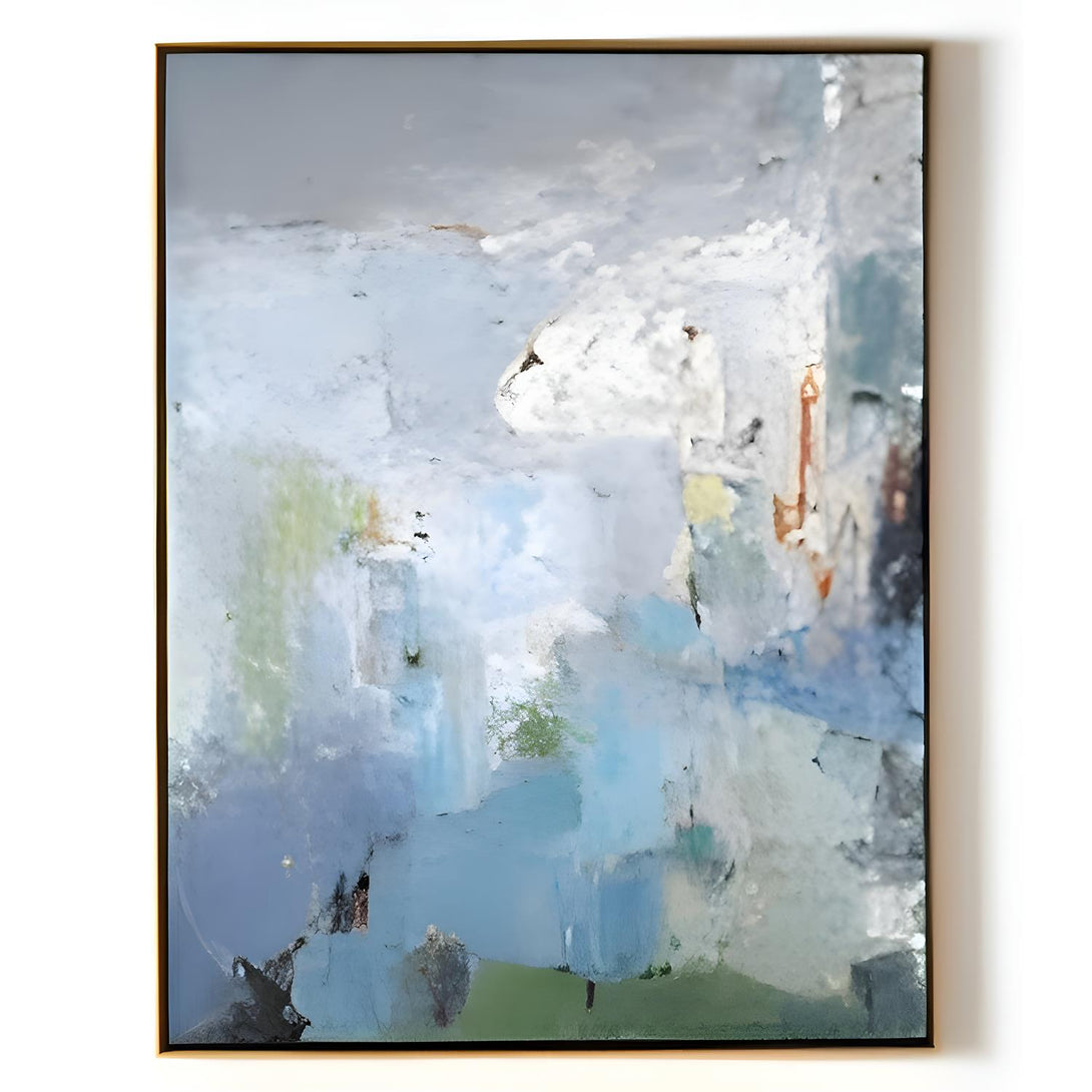 A large abstract textured painting mixing blue, grey, green and white hues. 