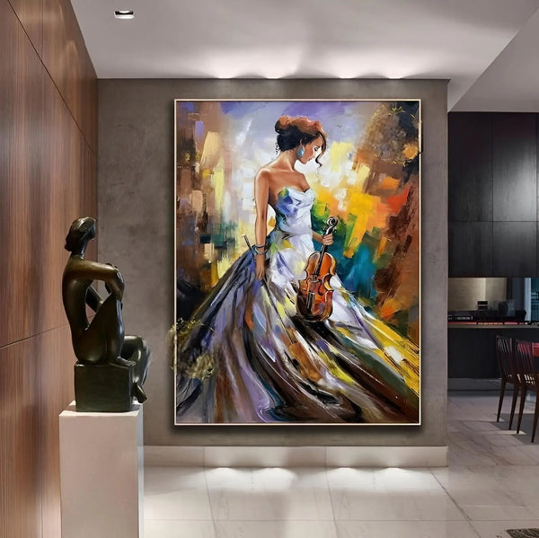 A large vertical painting featuring a female violinist dressed in purple, holding a violin, against a backdrop of brown, yellow, blue and purple. 
