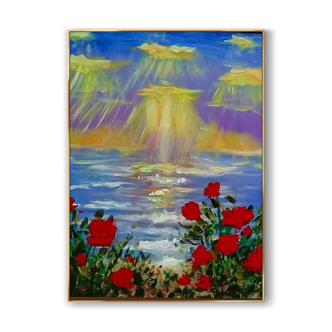  A large vertical painting of blue waves and bright red flowers on the seaside, with the yellow sun lights illuminating the half blue and half purple sky. 
