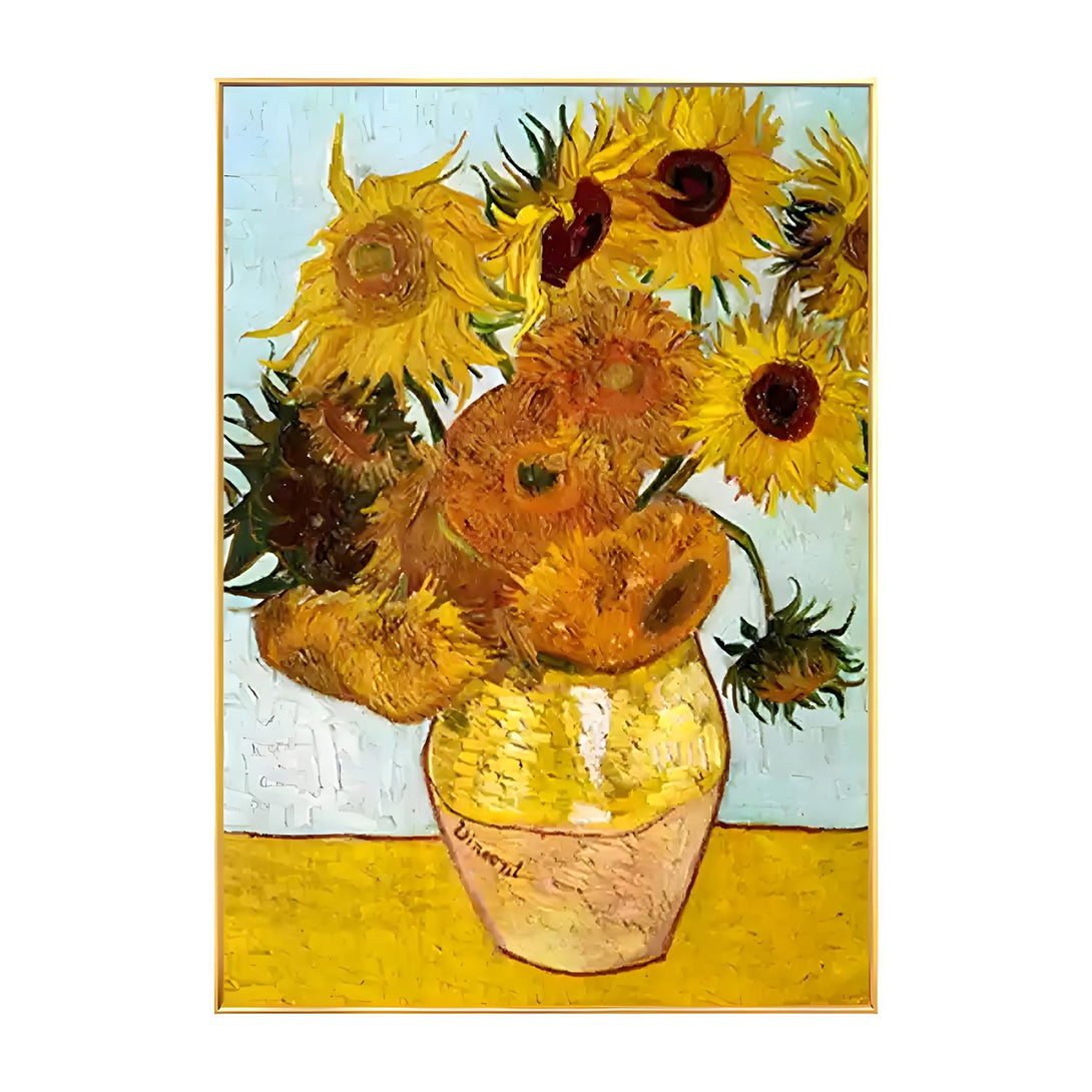 A large vertical painting with a jar of sunflowers against a backdrop of blue. 