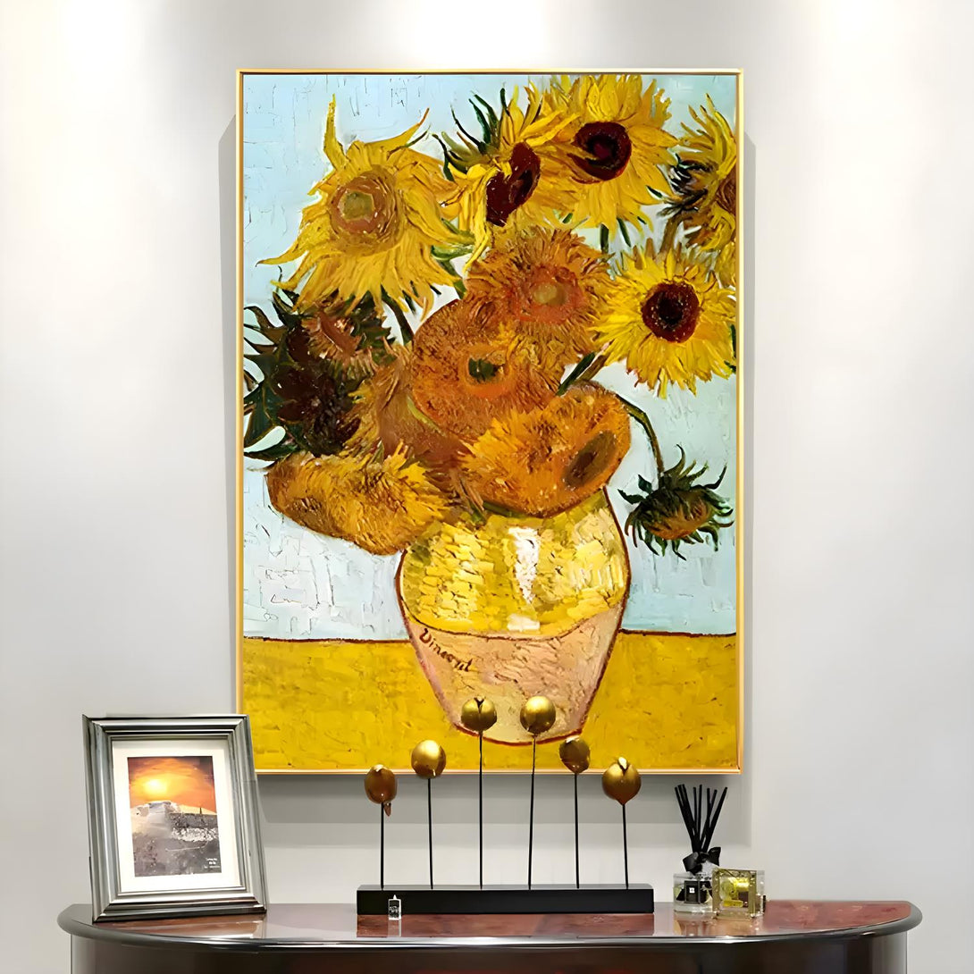 A large vertical painting with a jar of sunflowers against a backdrop of blue. 