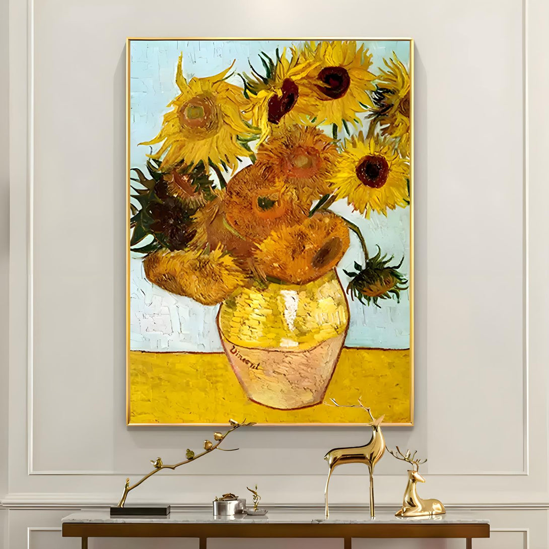 A large vertical painting with a jar of sunflowers against a backdrop of blue. 