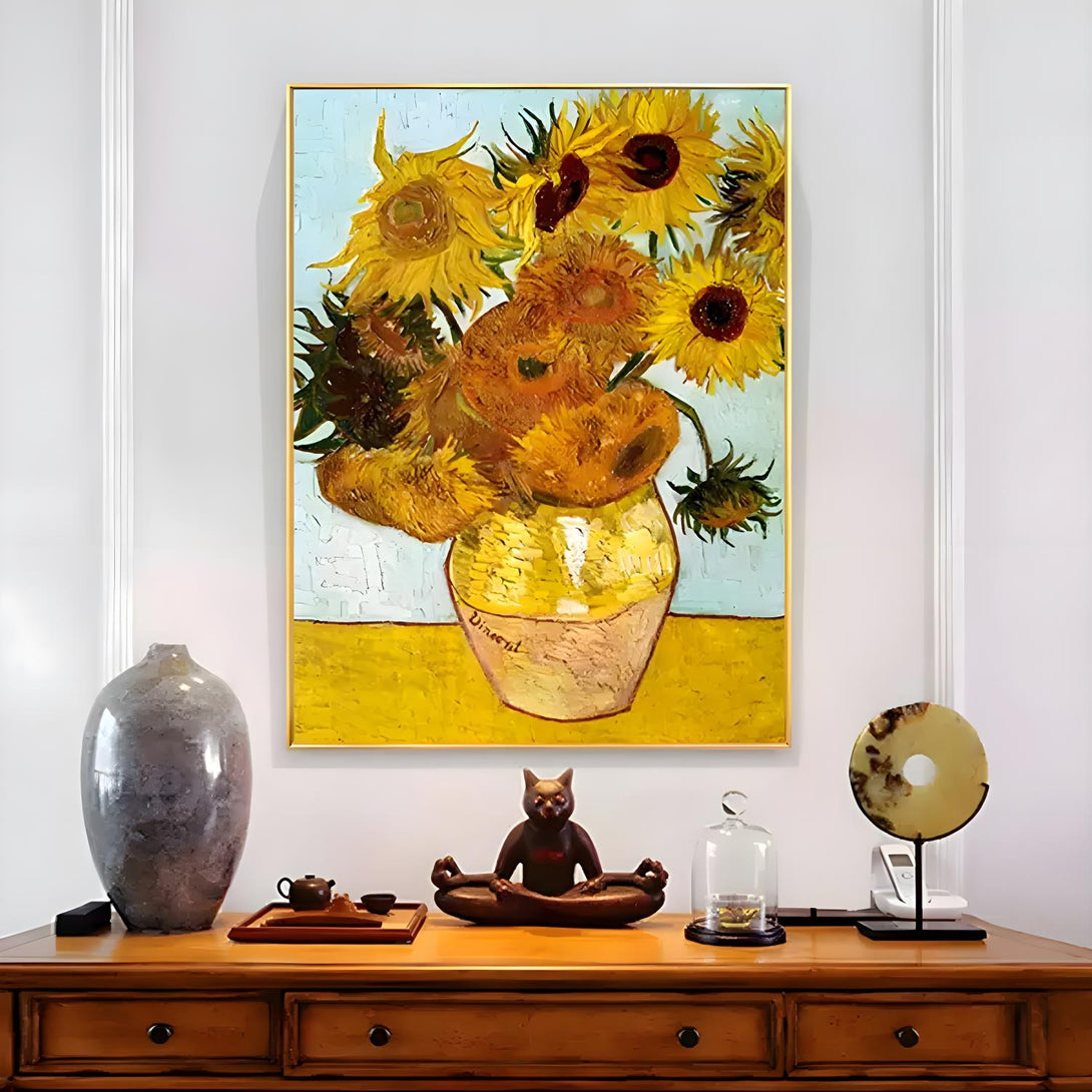 A large vertical painting with a jar of sunflowers against a backdrop of blue. 