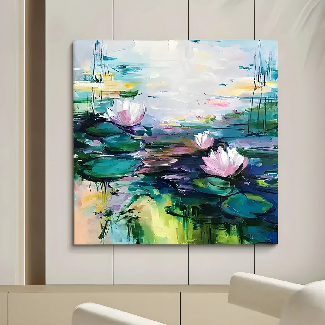 A square abstract painting with pink lotus flowers in a pond. 