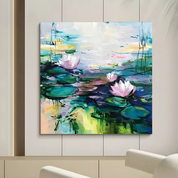 A square abstract painting with pink lotus flowers in a pond. 