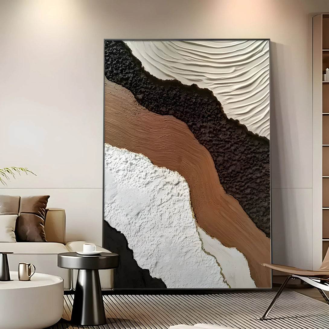 A large abstract Wabi-Sabi painting with rich plastered textures, in brown, black, white and beige. 