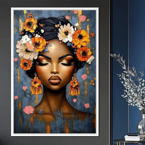 A large textured vertical abstract figurine painting of a black woman in black hair adorned with orange and white flowers, against a cyan backdrop. 