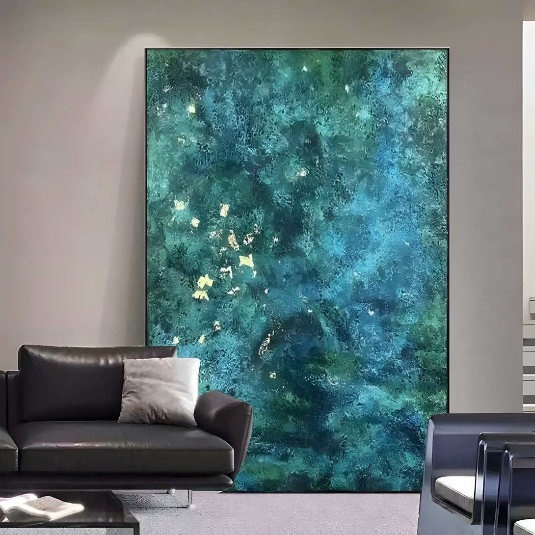 An abstract canvas painting of blue and green, looking pretty starry and bright 
