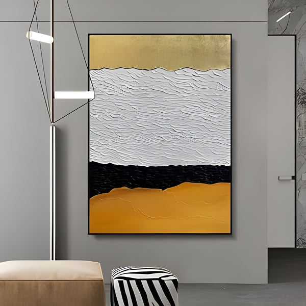 a large long wall art in minimalist style blending yellow, black and gold, with rich white textures in the middle. 
