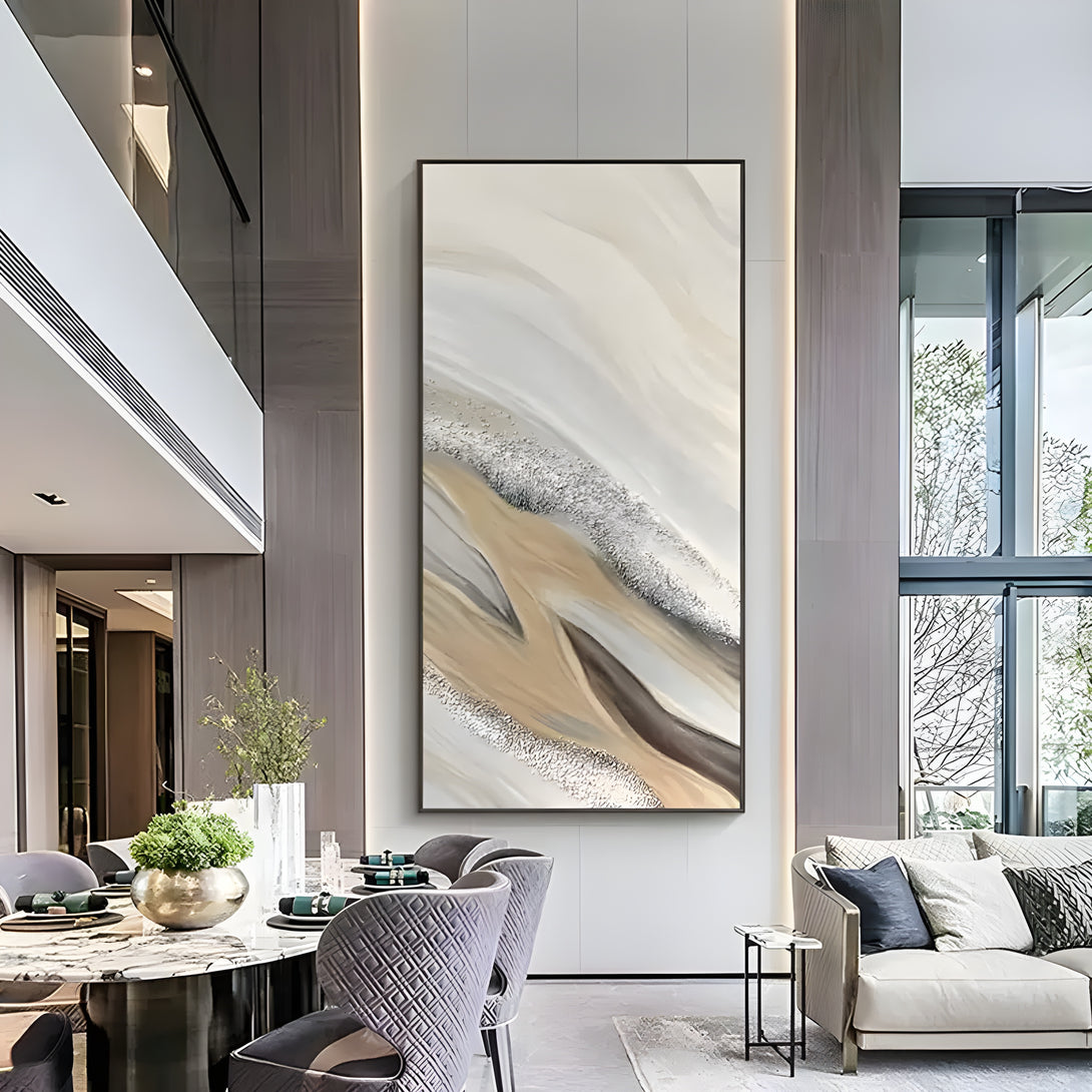 A large abstract minimalist painting in white and beige